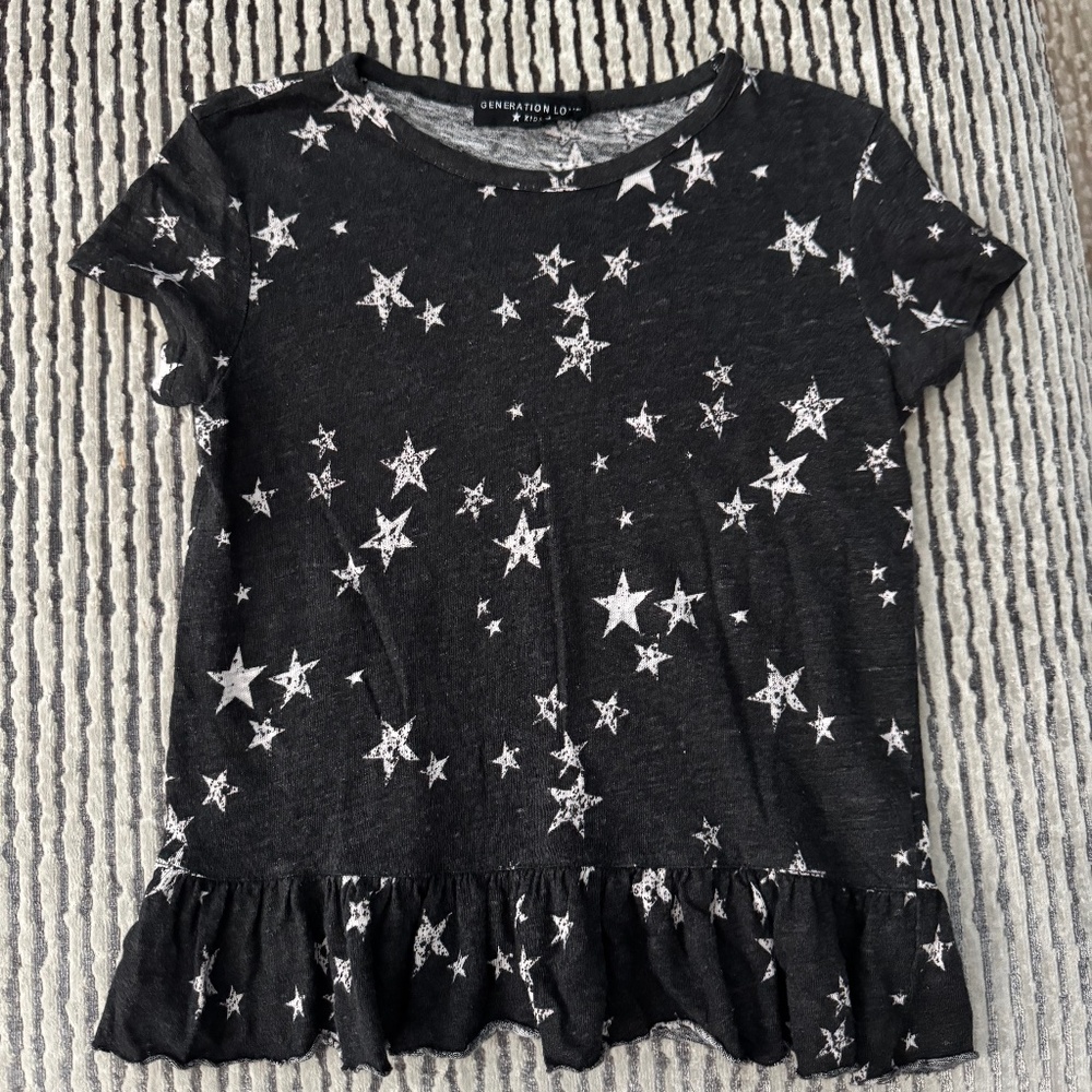 Generation Love-Girl's Cap Sleeve Ruffle Bottom Star Shirt-size 8-black/white